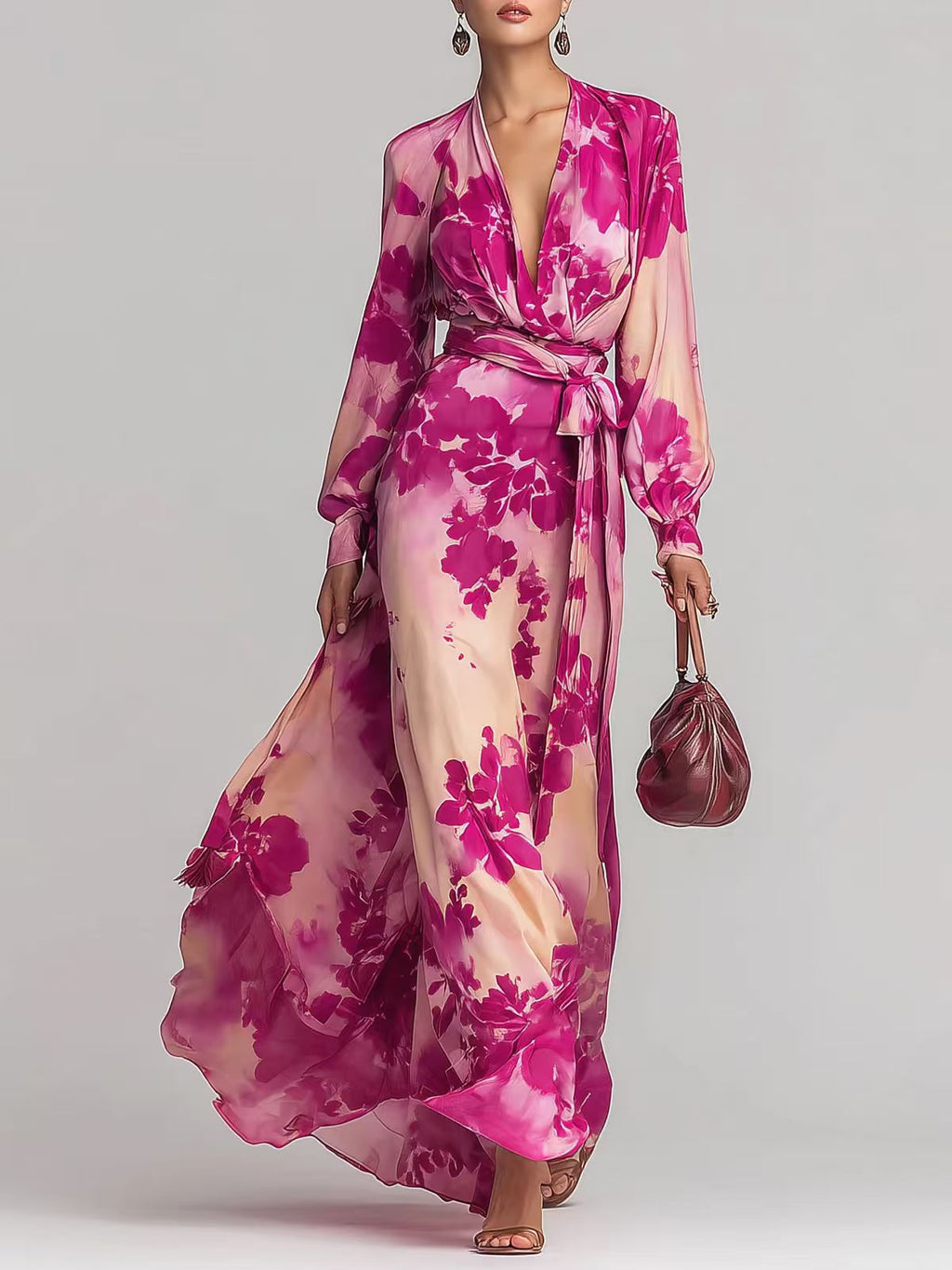 Bedrucktes Chiffonkleid mit langen Ärmeln, V-Ausschnitt und Bindedetail – elegantes, schickes langes Kleid