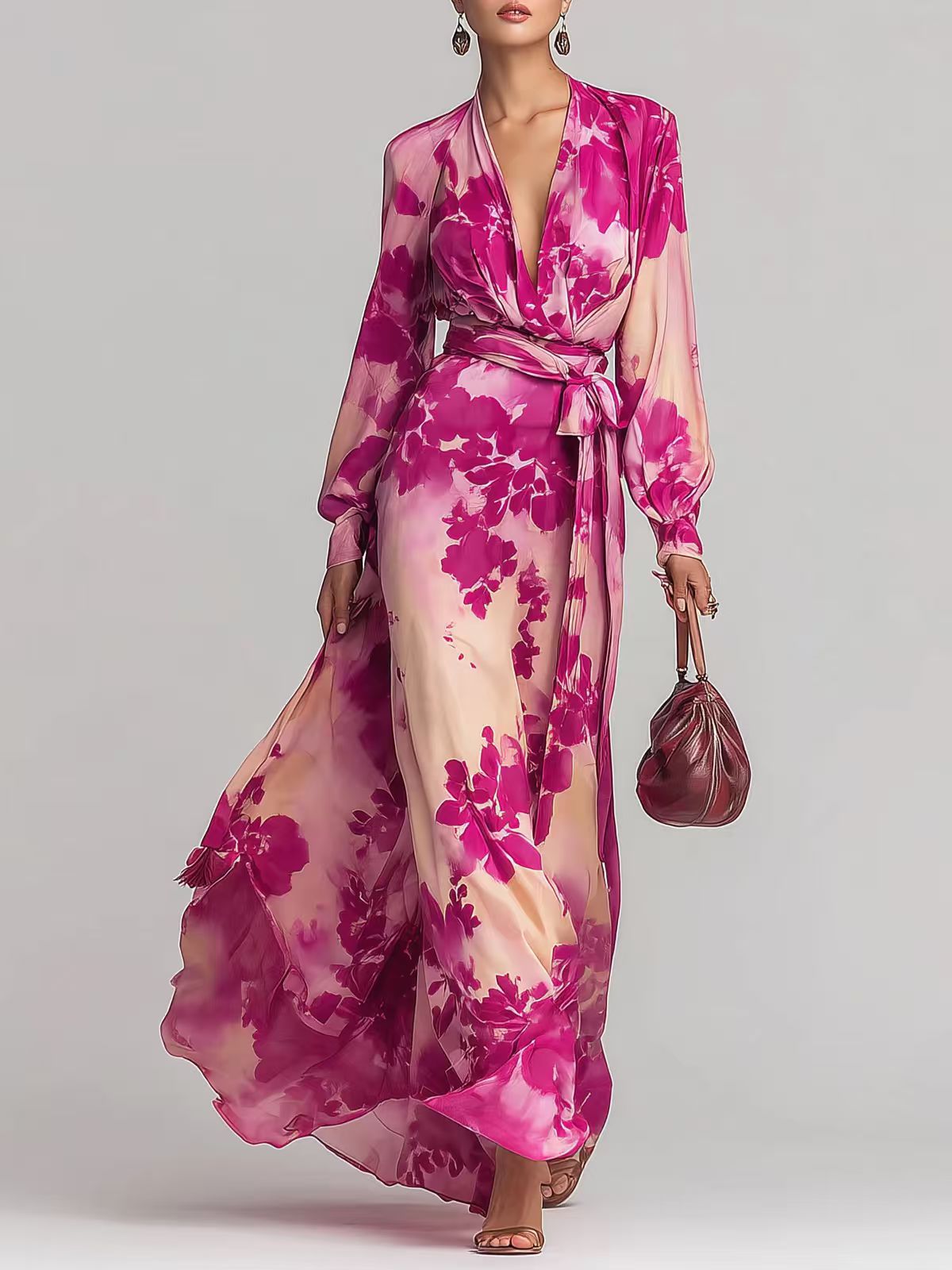 Bedrucktes Chiffonkleid mit langen Ärmeln, V-Ausschnitt und Bindedetail – elegantes, schickes langes Kleid