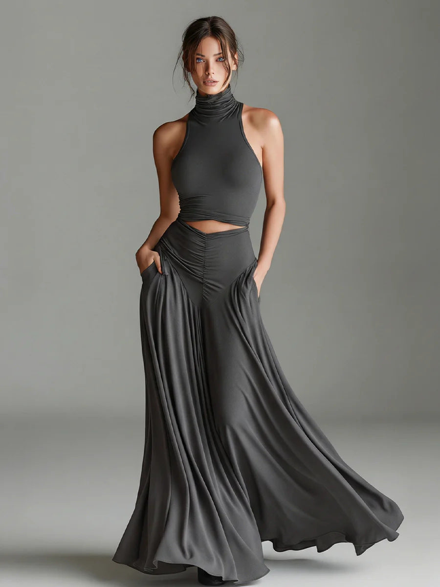 ärmelloses, hochgeschlossenes Oberteil mit elegantem, langem Kleid, zweiteiliges Set. Stilvolles zweiteiliges Setes Set aus ärmellosem Oberteil mit Stehkragen und elegantem langen Kleid