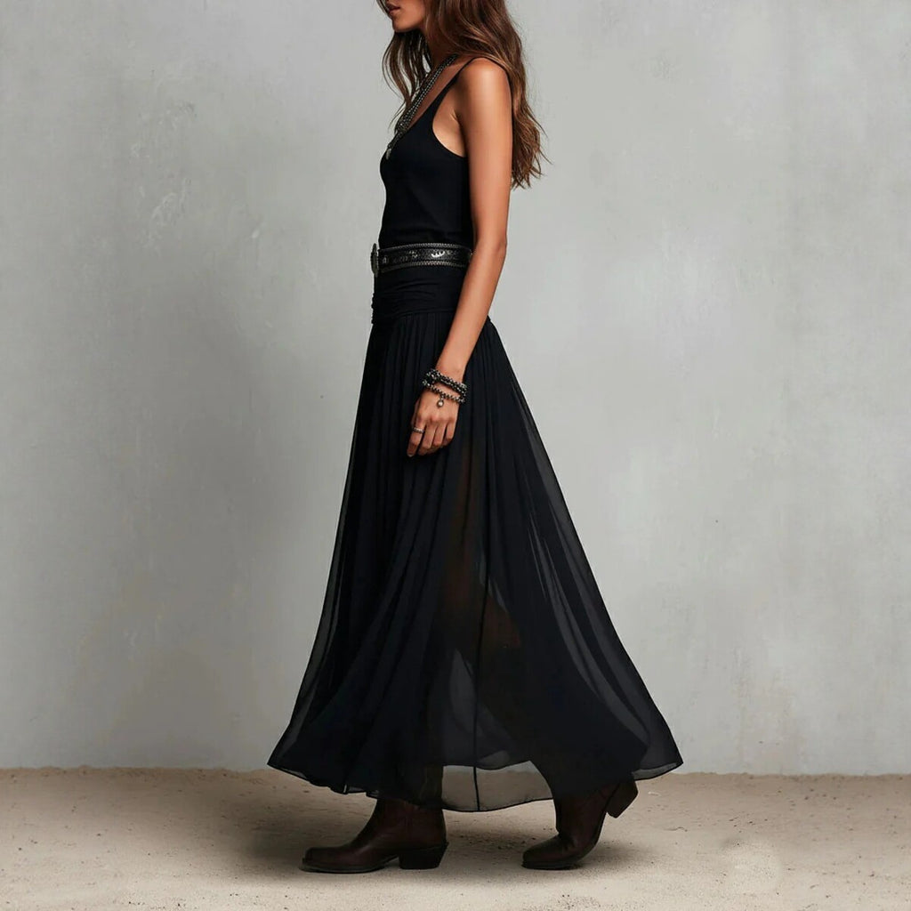 Schwarzes Maxikleid mit Trägern für Damen – Mesh-Kleid mit Gürtel