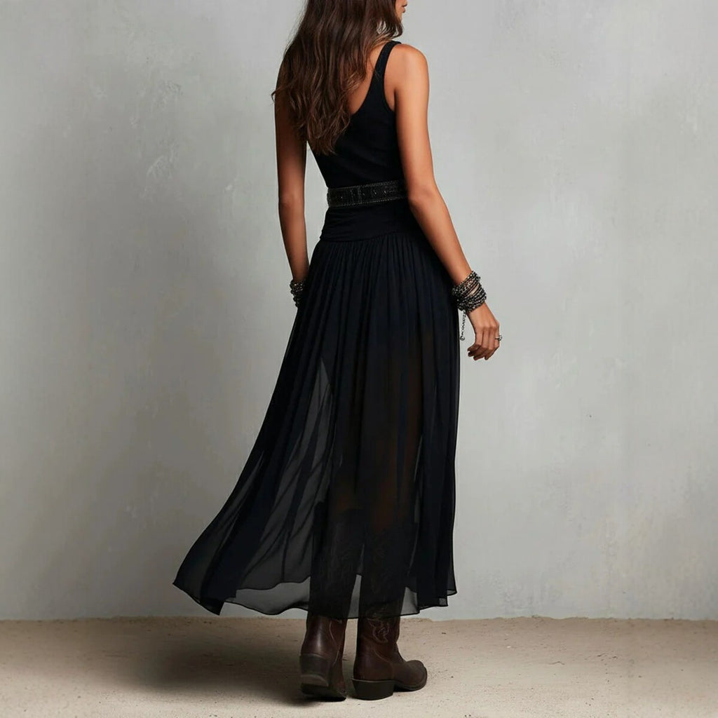 Schwarzes Maxikleid mit Trägern für Damen – Mesh-Kleid mit Gürtel