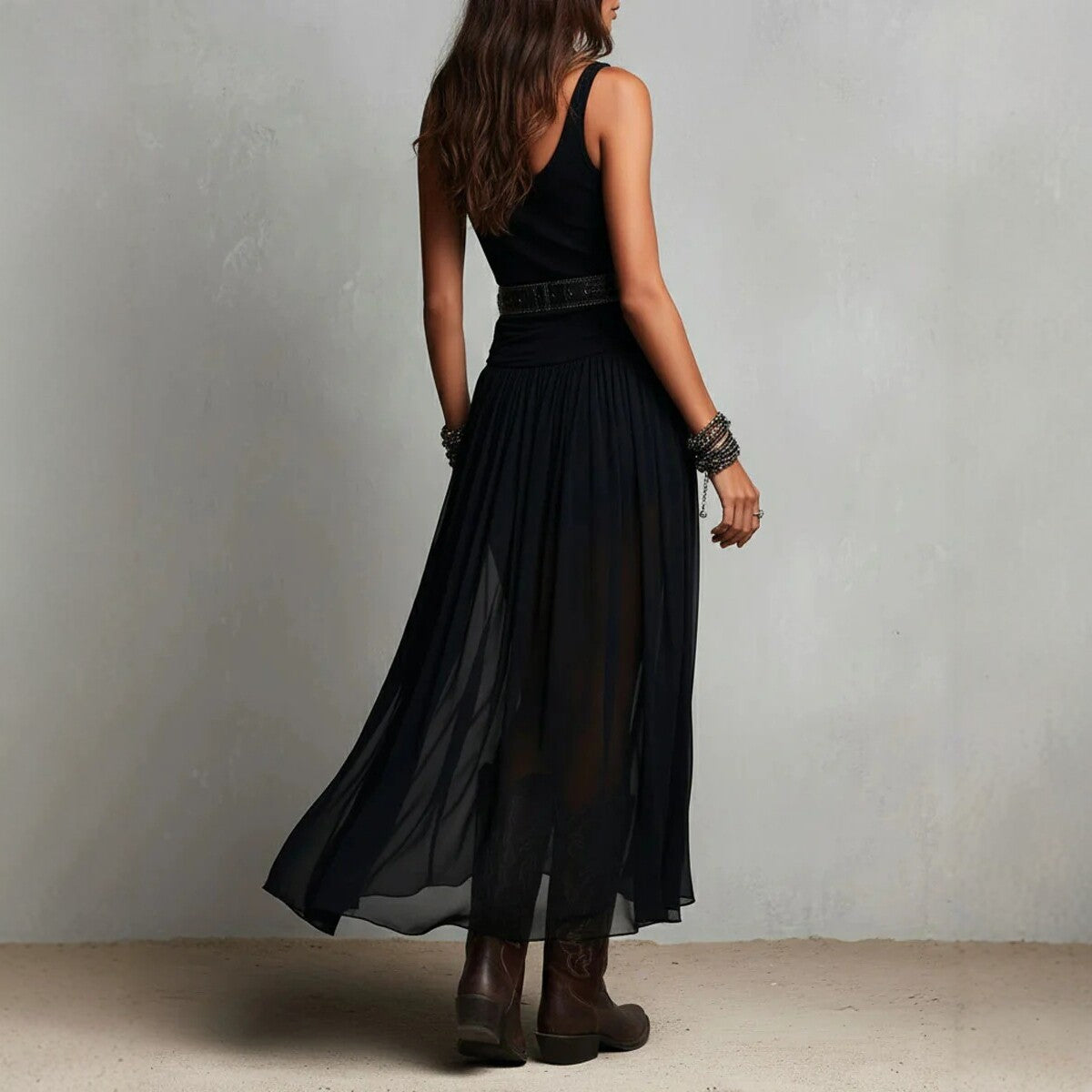 Schwarzes Maxikleid mit Trägern für Damen – Mesh-Kleid mit Gürtel