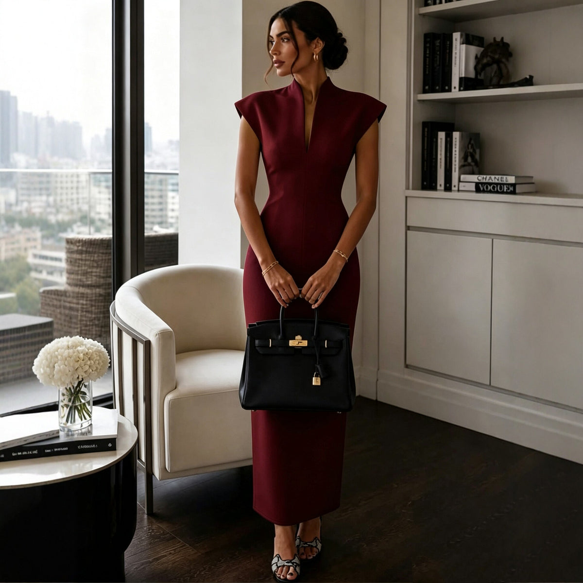 Figurbetontes Midikleid mit V-Ausschnitt