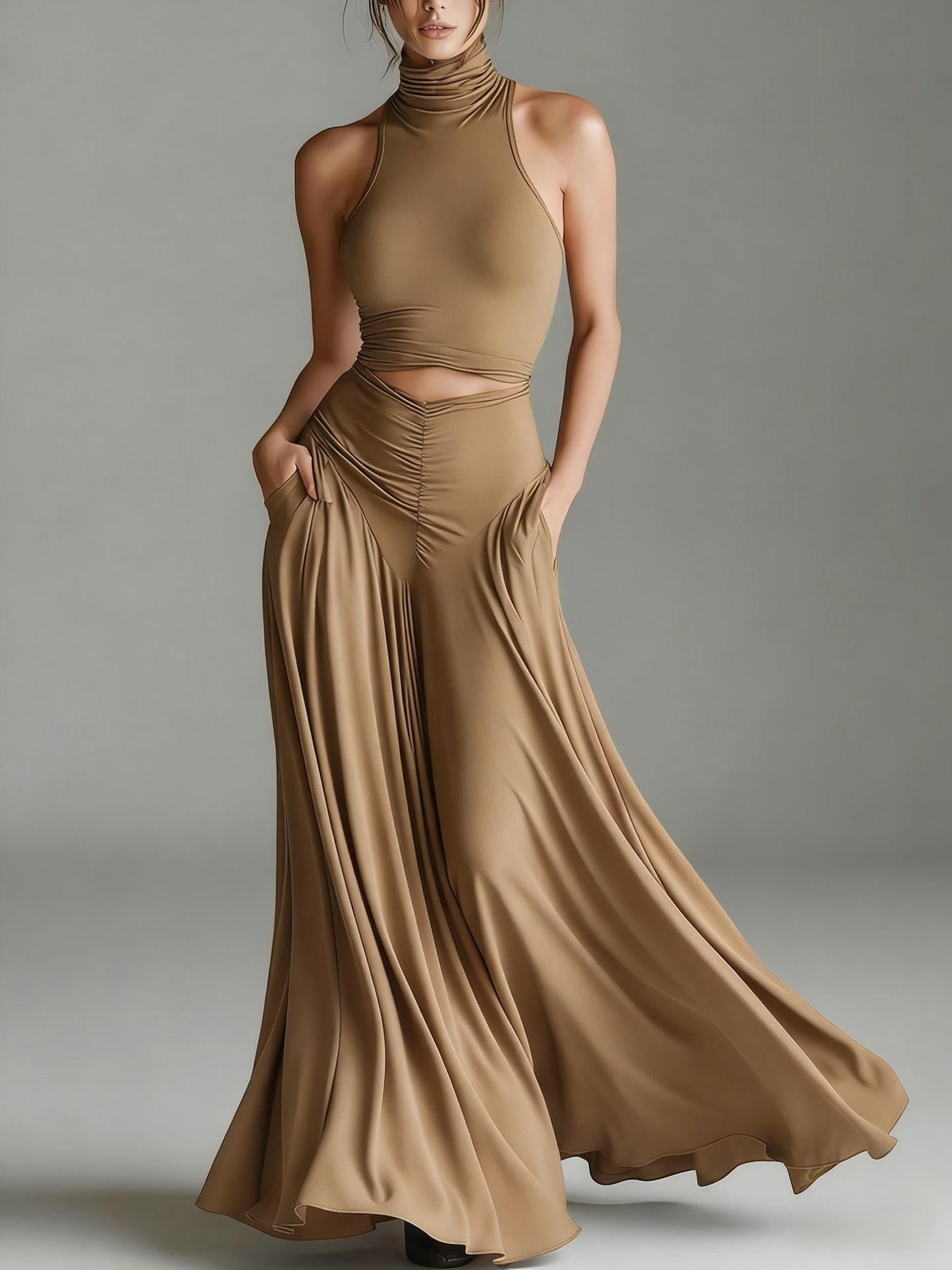 ärmelloses, hochgeschlossenes Oberteil mit elegantem, langem Kleid, zweiteiliges Set. Stilvolles zweiteiliges Setes Set aus ärmellosem Oberteil mit Stehkragen und elegantem langen Kleid