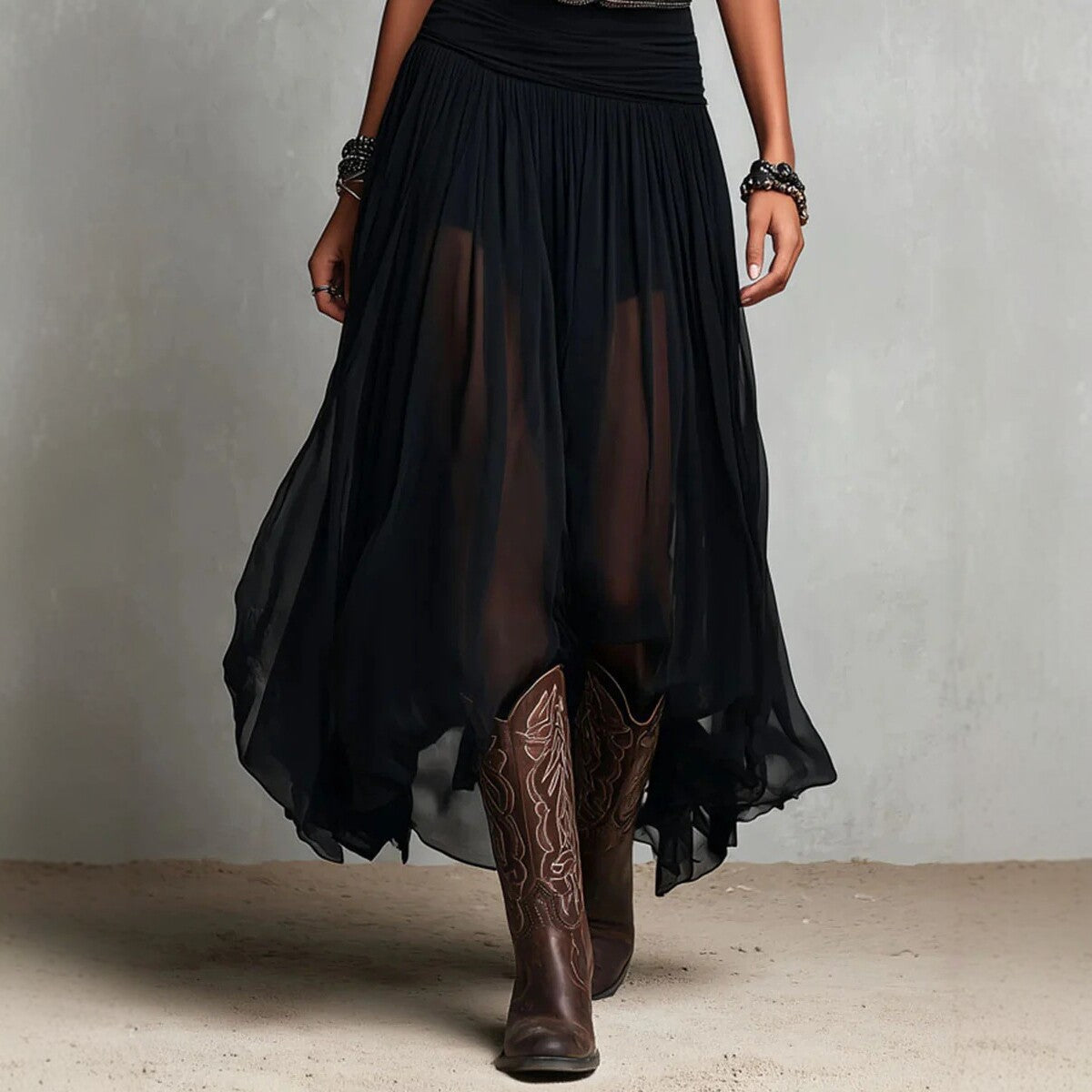Schwarzes Maxikleid mit Trägern für Damen – Mesh-Kleid mit Gürtel