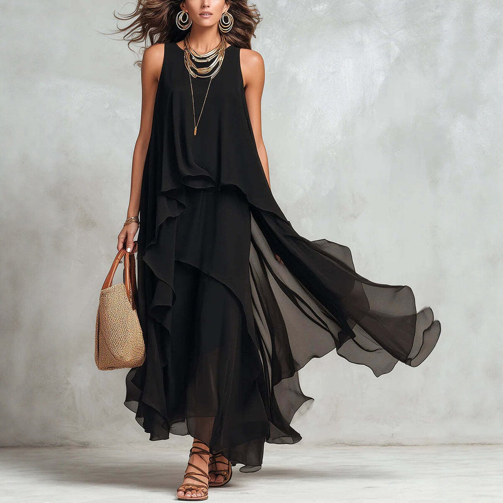Schickes, fließendes, ärmelloses langes Chiffonkleid in Schwarz mit asymmetrischem Schnitt