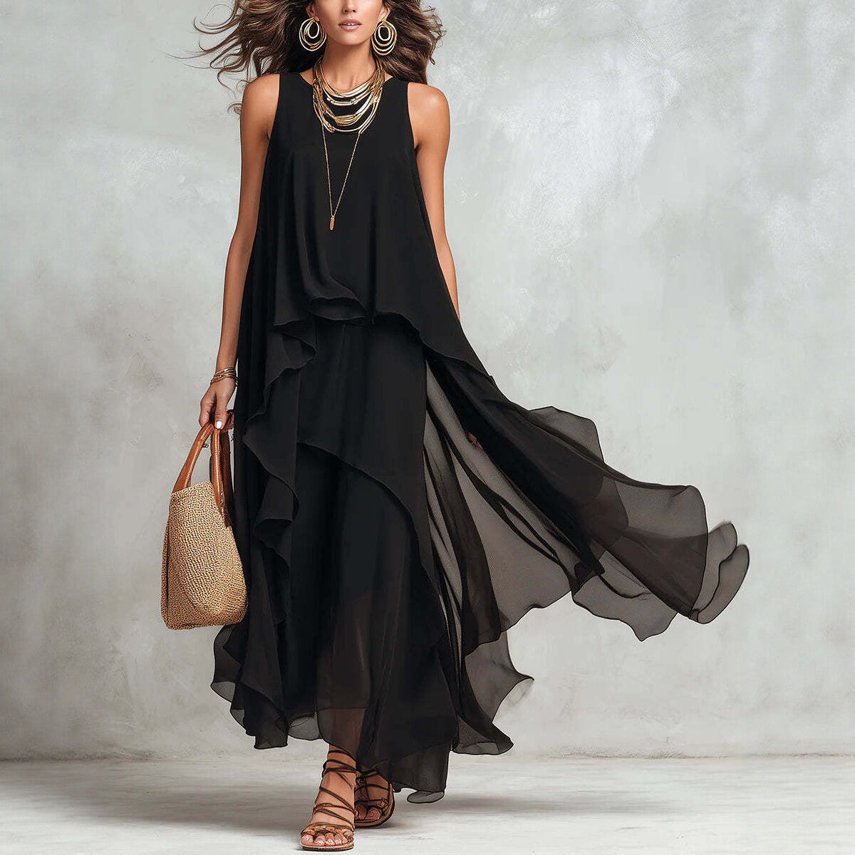 Schickes, fließendes, ärmelloses langes Chiffonkleid in Schwarz mit asymmetrischem Schnitt