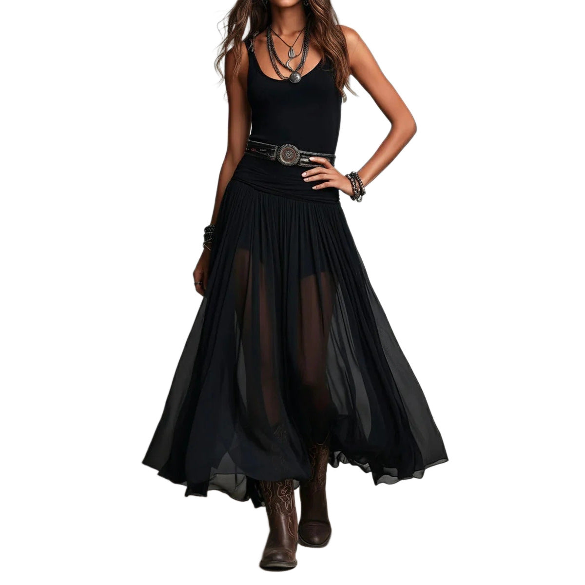 Schwarzes Maxikleid mit Trägern für Damen – Mesh-Kleid mit Gürtel