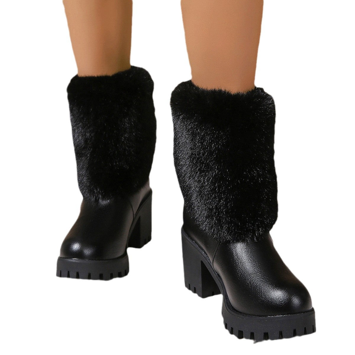 Warme Damen-Winterstiefel mit Blockabsatz und Fleecefutter