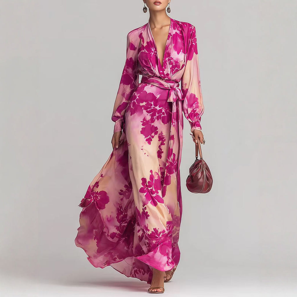 Bedrucktes Chiffonkleid mit langen Ärmeln, V-Ausschnitt und Bindedetail – elegantes, schickes langes Kleid