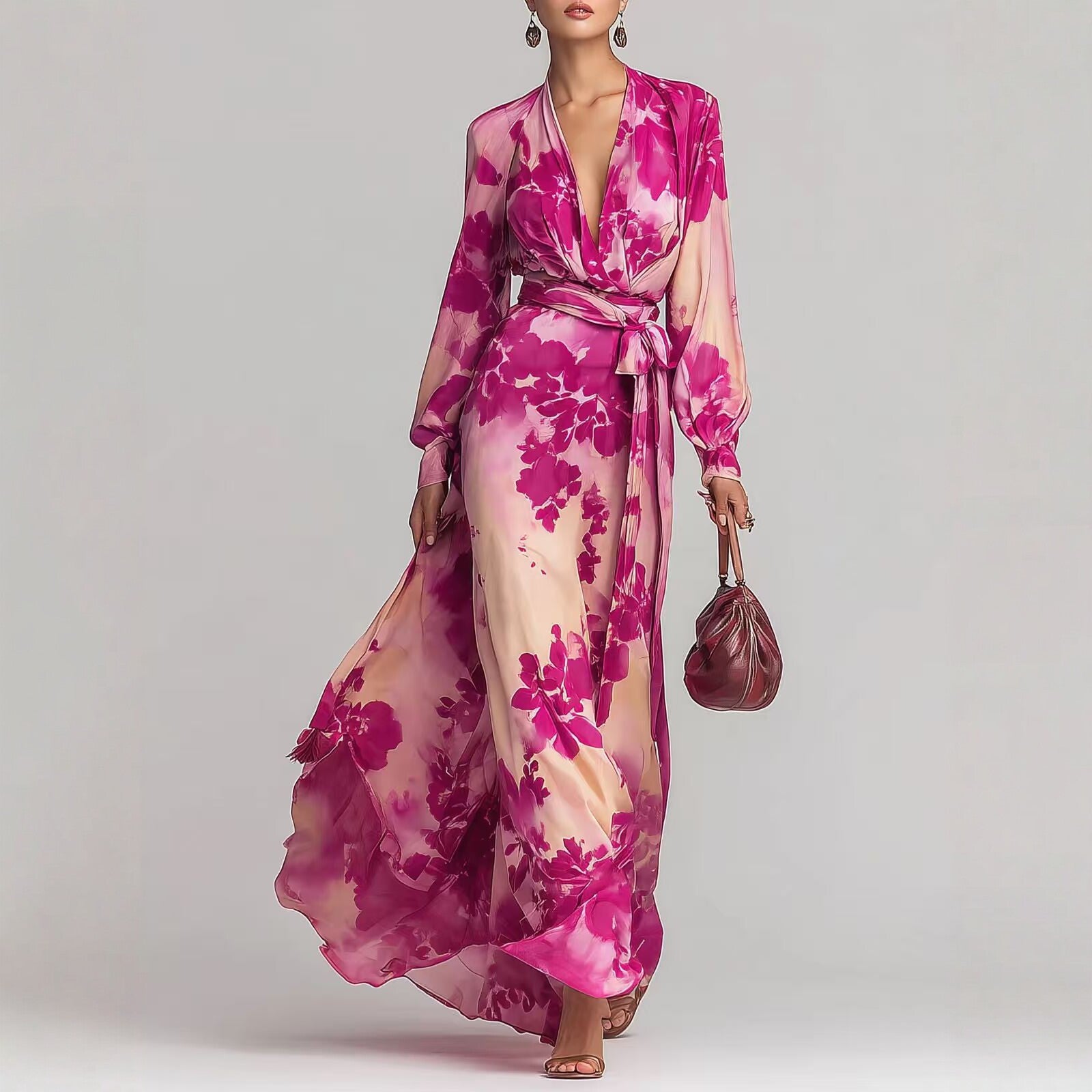 Bedrucktes Chiffonkleid mit langen Ärmeln, V-Ausschnitt und Bindedetail – elegantes, schickes langes Kleid