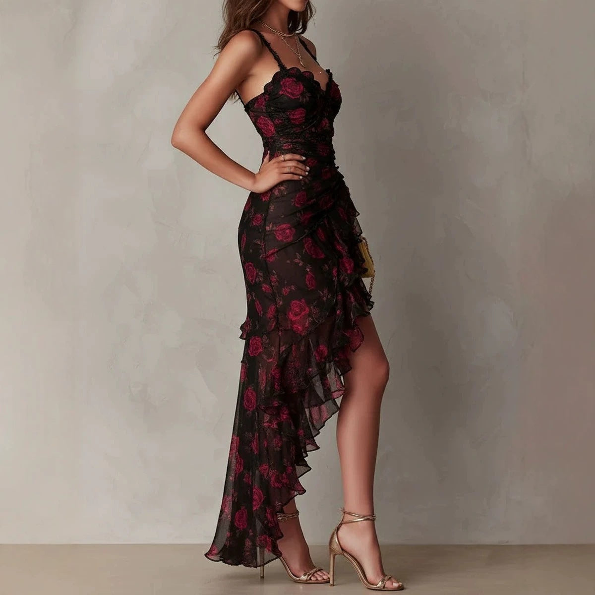 A-Linien-Kleid mit Blumenmuster, Trägern und unregelmäßigem Rüschensaum