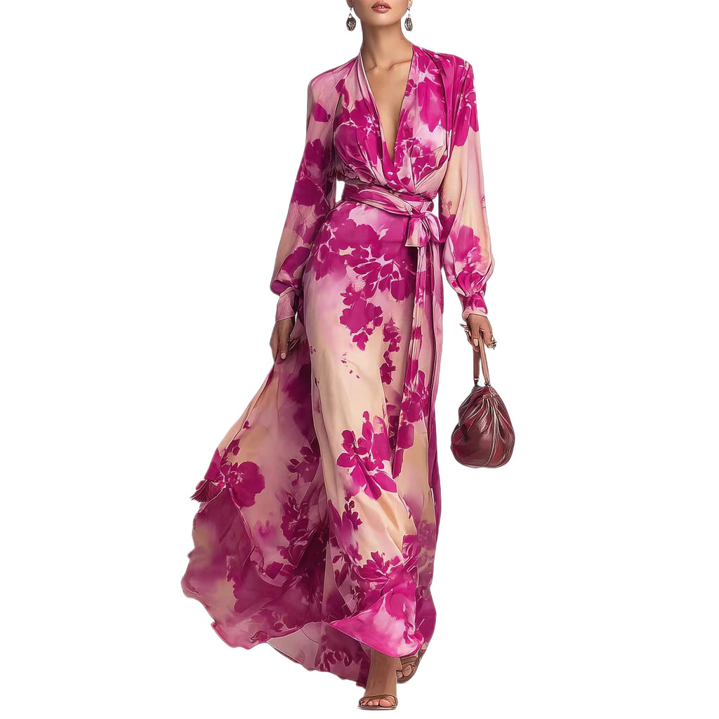 Bedrucktes Chiffonkleid mit langen Ärmeln, V-Ausschnitt und Bindedetail – elegantes, schickes langes Kleid
