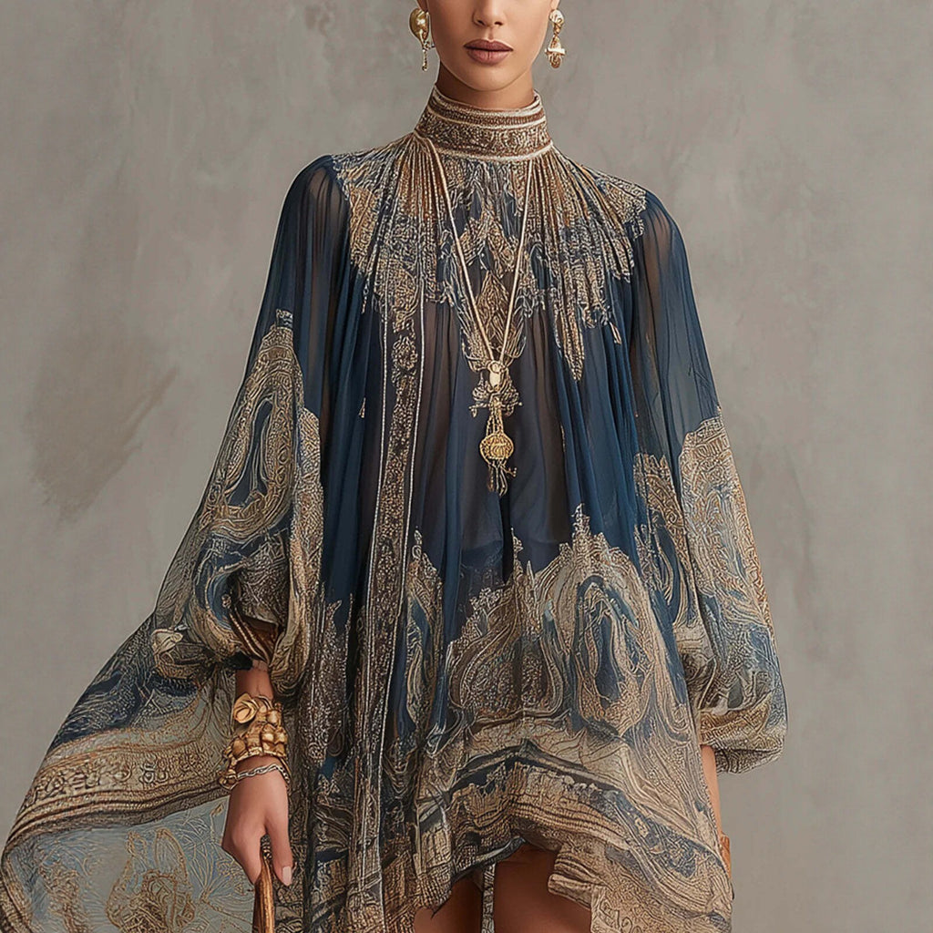 Bedrucktes, lockeres Kleid mit Stehkragen und langen Ärmeln