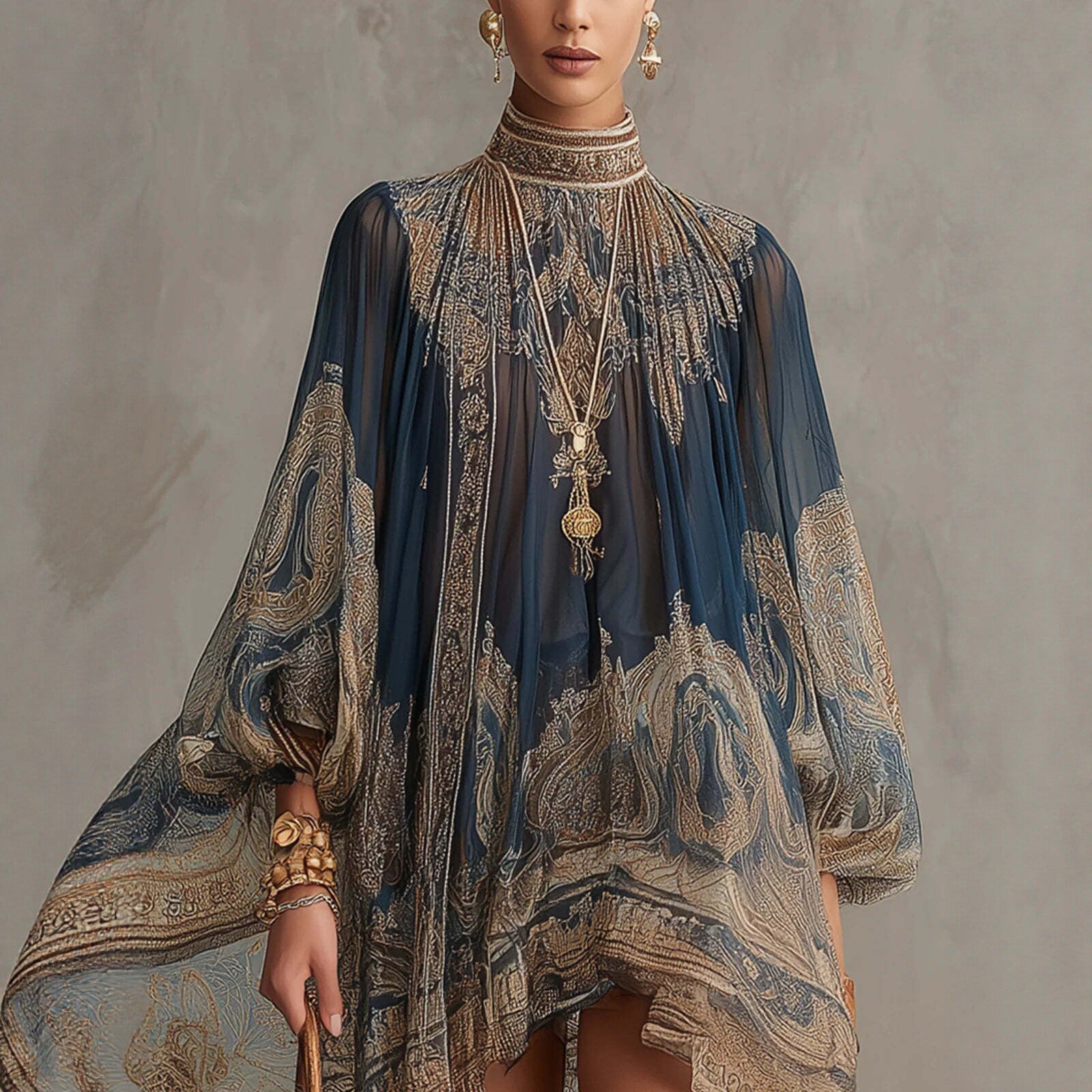 Bedrucktes, lockeres Kleid mit Stehkragen und langen Ärmeln
