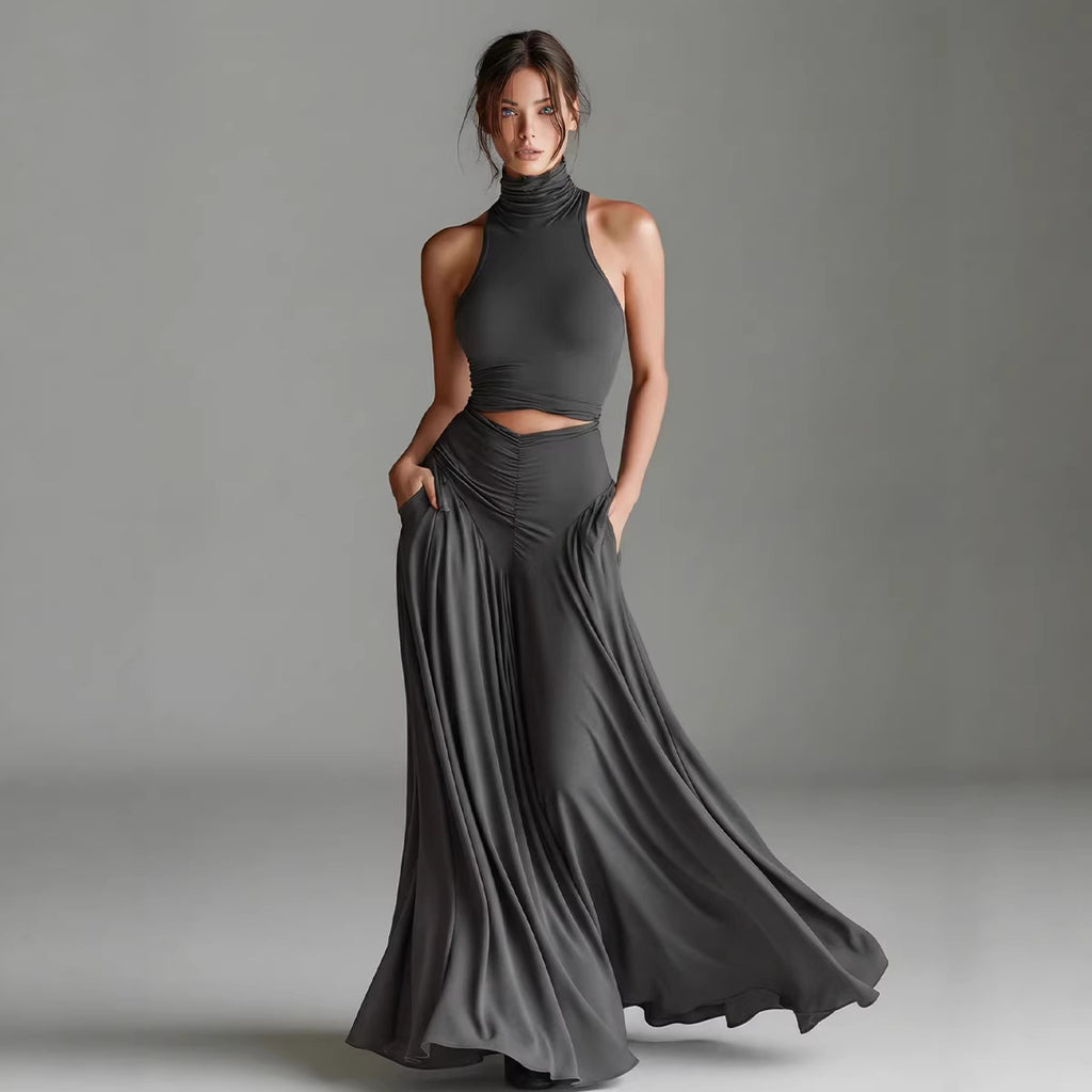 ärmelloses, hochgeschlossenes Oberteil mit elegantem, langem Kleid, zweiteiliges Set. Stilvolles zweiteiliges Setes Set aus ärmellosem Oberteil mit Stehkragen und elegantem langen Kleid