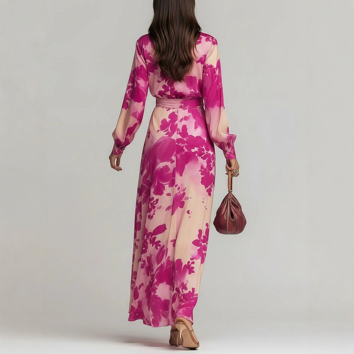 Bedrucktes Chiffonkleid mit langen Ärmeln, V-Ausschnitt und Bindedetail – elegantes, schickes langes Kleid