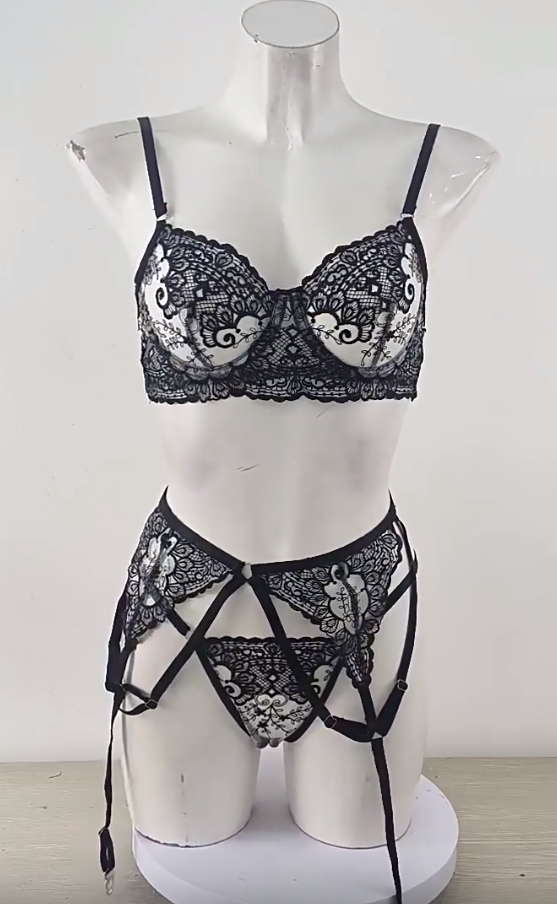 esticktes Lingerie-Set aus transparentem Mesh mit BH, Strumpfhalterbändern und Unterteil