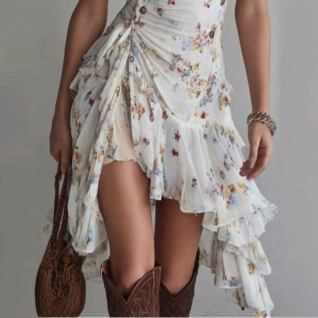 Elegantes Damen-Chiffonkleid mit Blumenmuster, Trägern, V-Ausschnitt und Rüschen