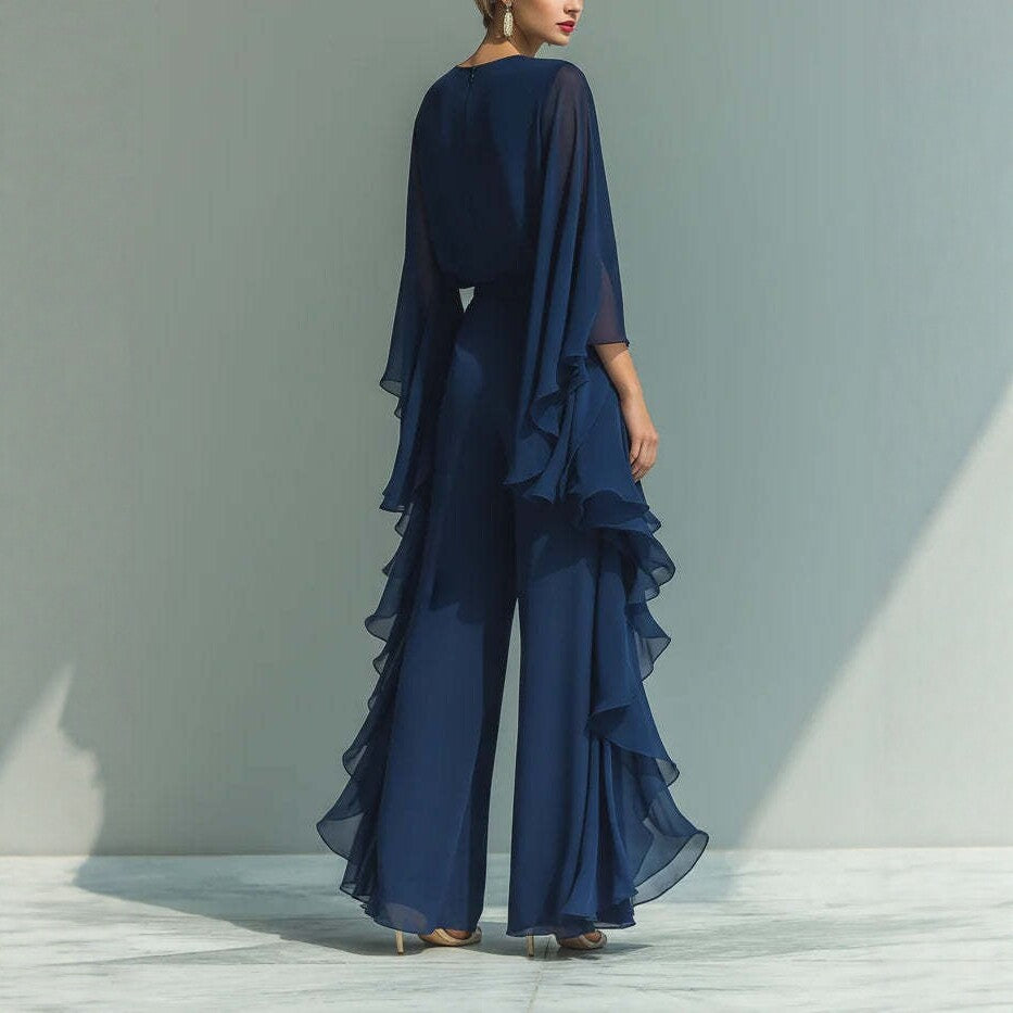 Dunkelblaues Set für Damen: Hose mit weitem Bein und Rüschen sowie Oberteil – modischer, eleganter Zweiteiler Langarm, lässig